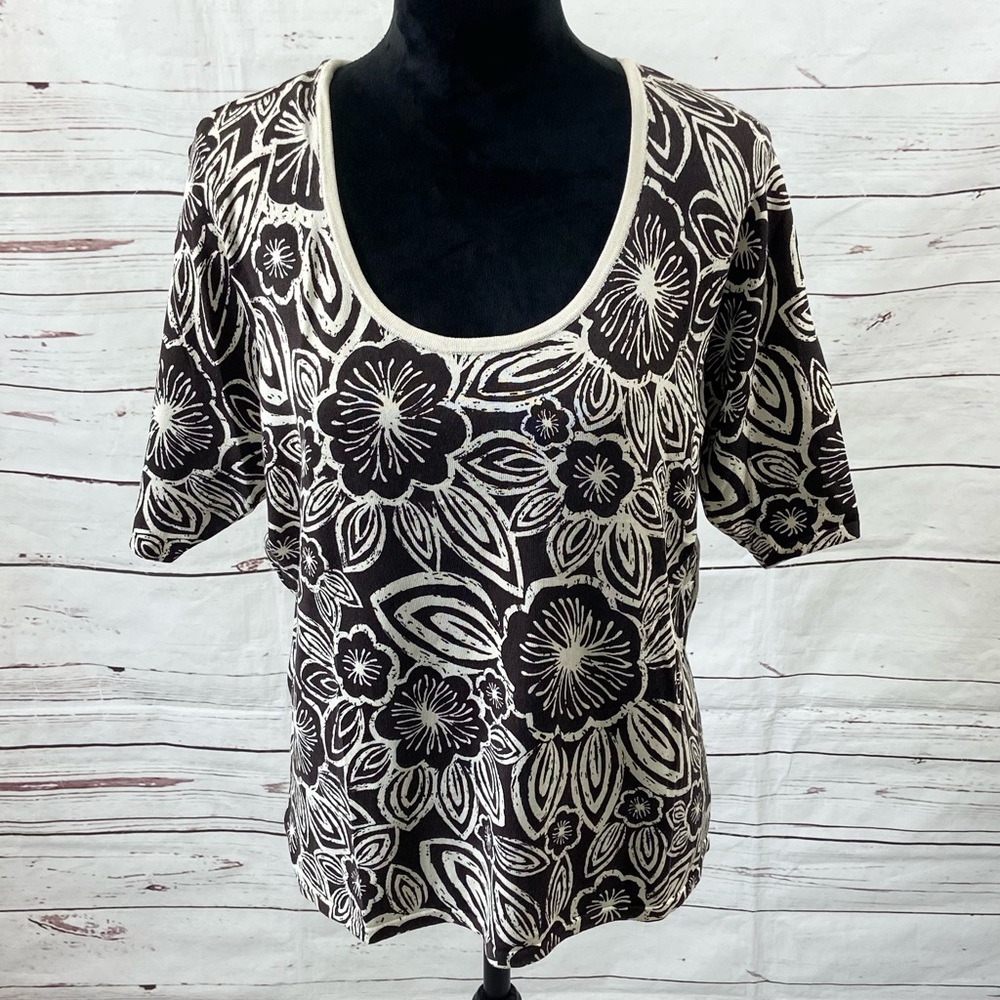 Talbots Sweater Top Women’s XL Brown Short‎ Sleeves Floral Silk Blend Vintage